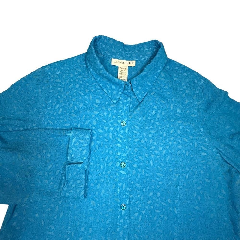 Vintage Sag Harbor Turquoise burn out leaf design 3/4 sleeve button down size 16 - Picture 6 of 10